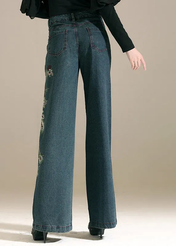Denim Blue Sequins Embroideried Pockets Cotton Wide Leg Pants Summer