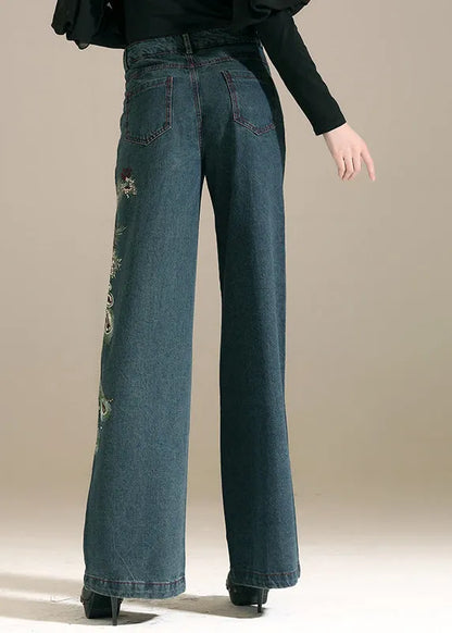 Denim Blue Sequins Embroideried Pockets Cotton Wide Leg Pants Summer