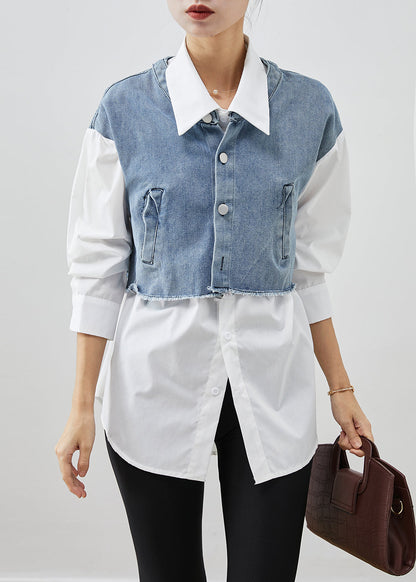 Modern Blue Oversized Patchwork Cotton Fake Two Piece Blouses Fall
