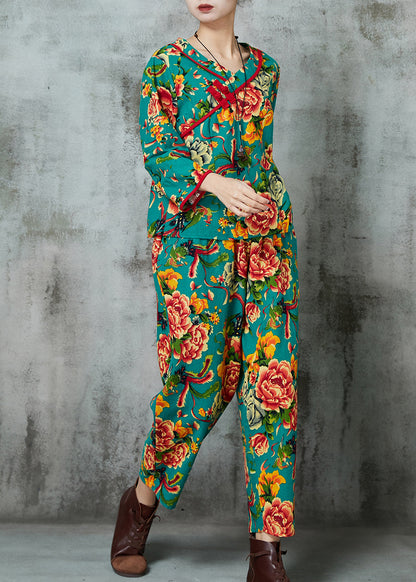 Green Print Cotton Two Pieces Set Chinese Button Spring