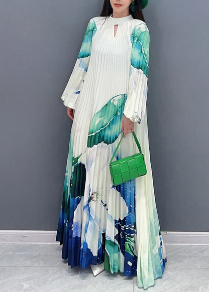 Green Turtleneck Print Tie Waist Long Dresses Long Sleeve