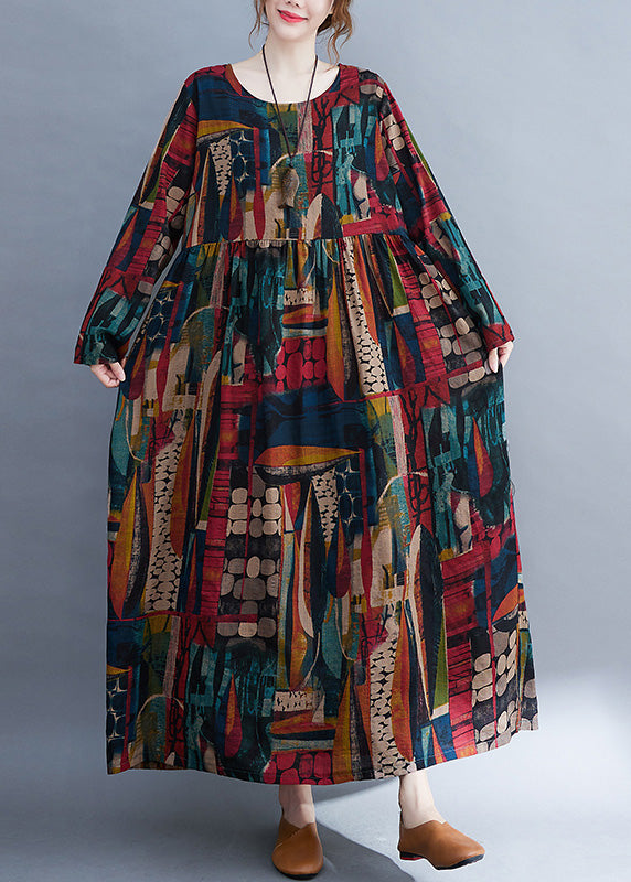 O-neck Patchwork Print Cotton Cozy Maxi Dress Long Sleeve