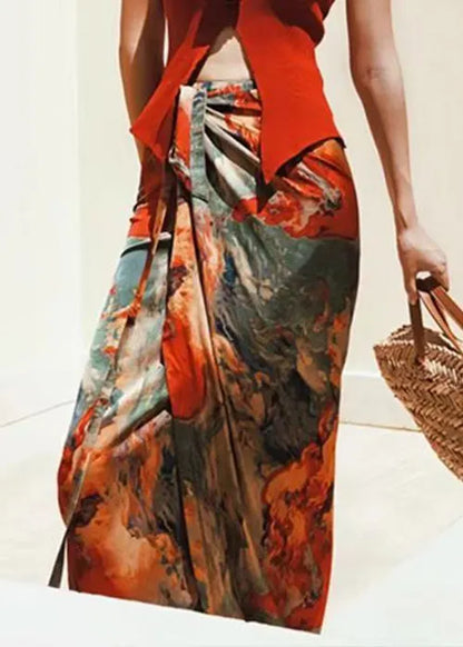 Loose Print Lace Up High Waist Silk Skirts Summer