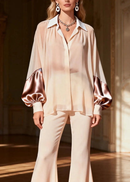 Classy Peter Pan Collar Patchwork Silk Two Pieces Set Spring