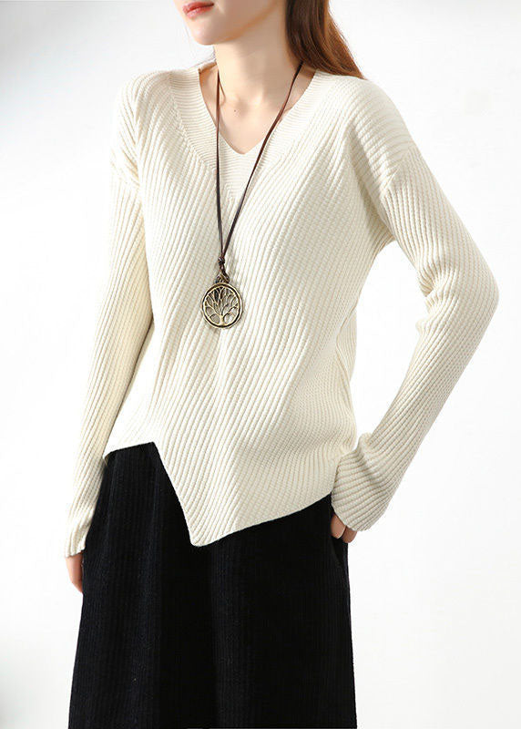 Stylish Apricot V Neck Asymmetrical Design Fall Knit Sweaters