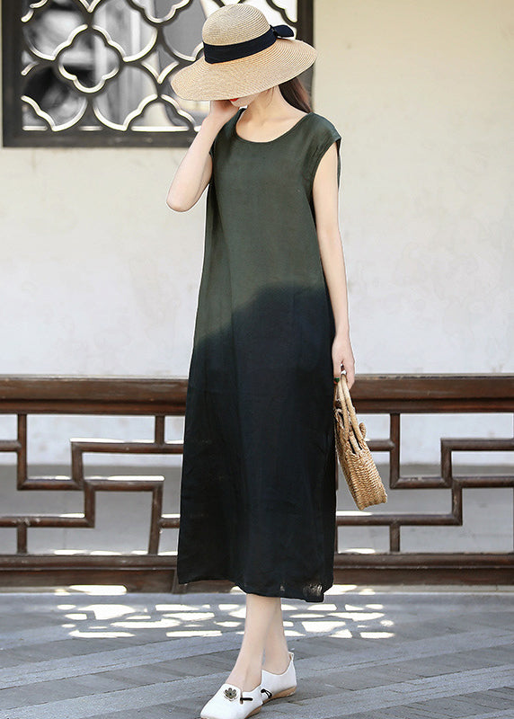 Slim Fit Blackish Green O-neck Color Contrast Tie Dye Long Dress Sleeveless
