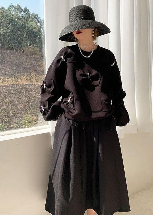 Black Bow Cotton Sweatshirts Top Spring