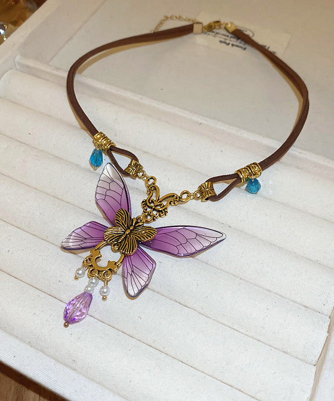 Purple Sterling Silver Alloy Crystal Butterfly Pendant Necklace