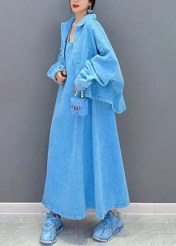 Art Blue Peter Pan Collar Patchwork Coat and Dress Denim Two Pieces Set Spring