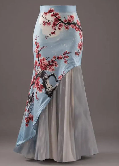 New Blue Asymmetrical Print Patchwork Skirts Summer
