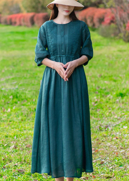 Modern Green O-neck Wrinkled Button Color Linen Cinch Dress Half Sleeve