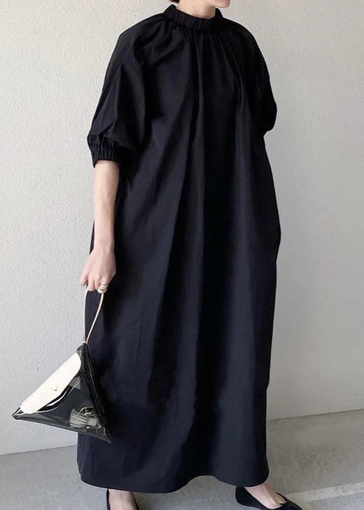 Navy Back Zippered Cotton Maxi Dress Half Sleeve