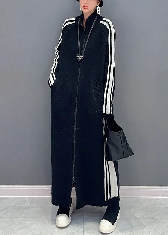 New Black Striped Zip Up Pockets Cotton Knit Long Dress Fall