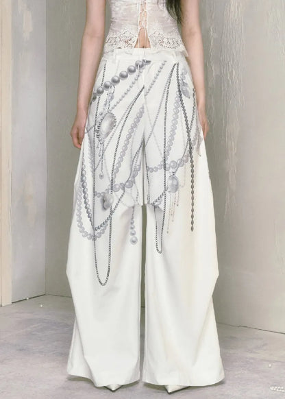 Modern White Print Pockets Cotton Wide Leg Pants Summer