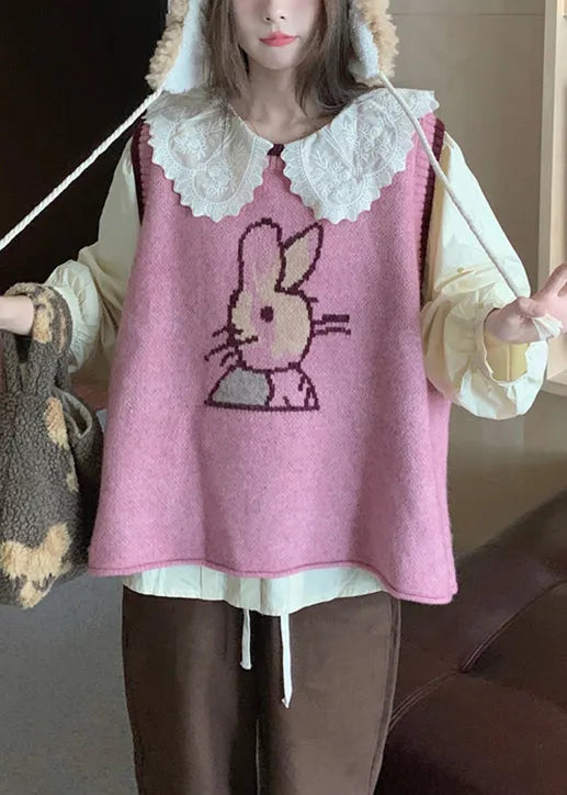 New Pink O-neck Waistcoat and Blouses Cotton Knit Two Pieces Set Fall