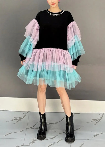 Black O Neck Tulle Patchwork Cotton Mid Dress Fall