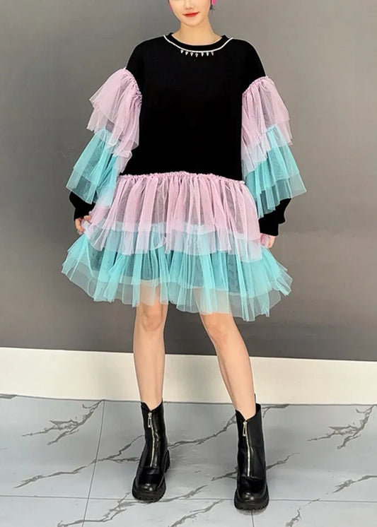 Black O Neck Tulle Patchwork Cotton Mid Dress Fall