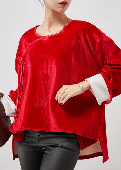 Red Oversized Bow Silk Velour Shirt Tops Spring