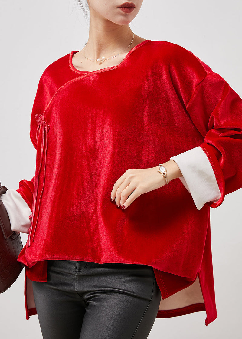 Red Oversized Bow Silk Velour Shirt Tops Spring