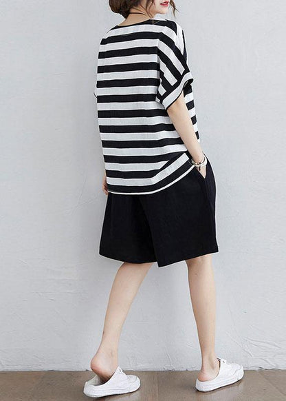 Simple Black White Striped Side Open Two Pieces Set Summer Cotton