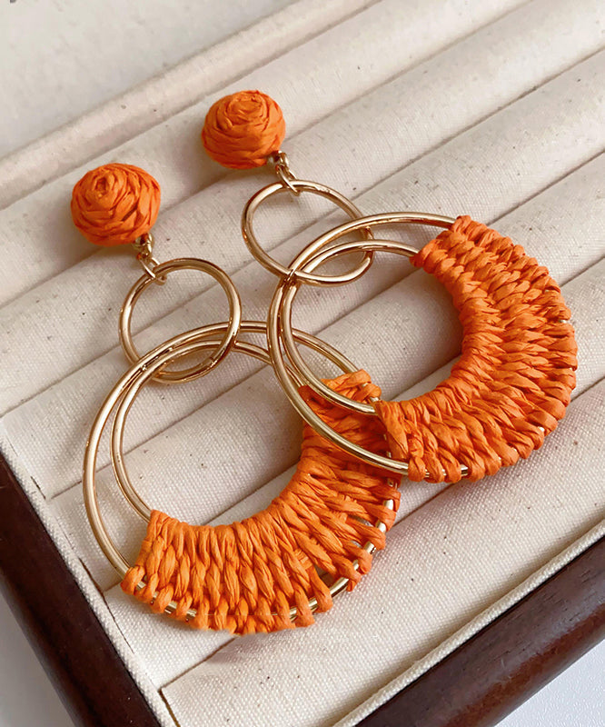 Orange Sterling Silver Alloy Straw Plaited Article Drop Earrings