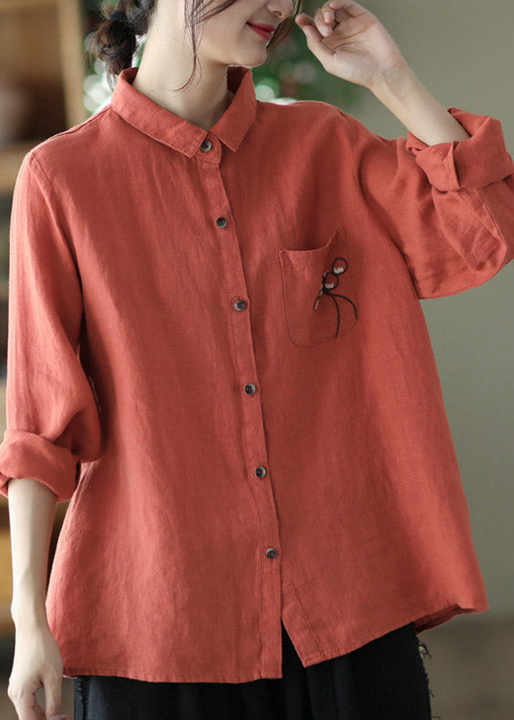 Red Peter Pan Collar Embroideried Button Linen Shirt Long Sleeve