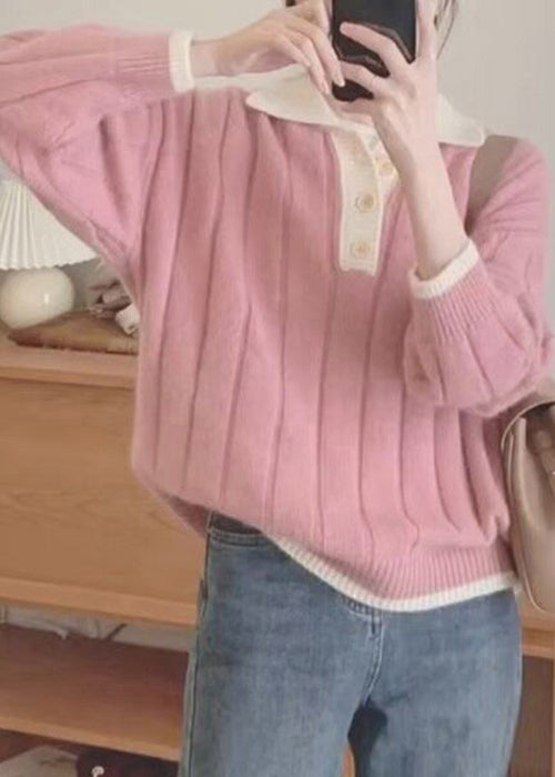 Pink Peter Pan Collar Patchwork Cozy Knit Sweaters Fall