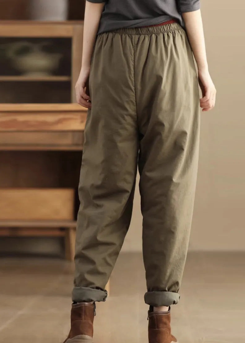 Loose Coffee Pockets Elastic Waist Fine Cotton Filled Pants Winter