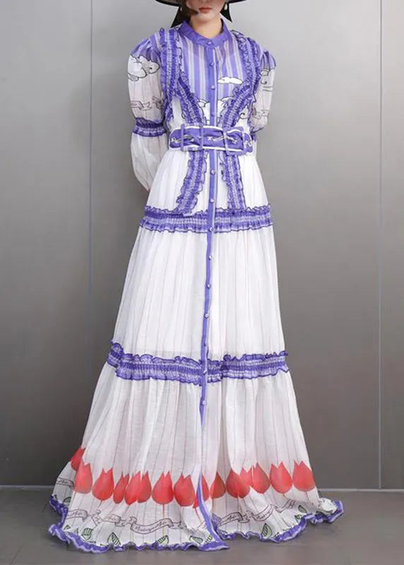 Fine White Stand Collar Ruffled Button Chiffon Maxi Dress Lantern Sleeve Spring