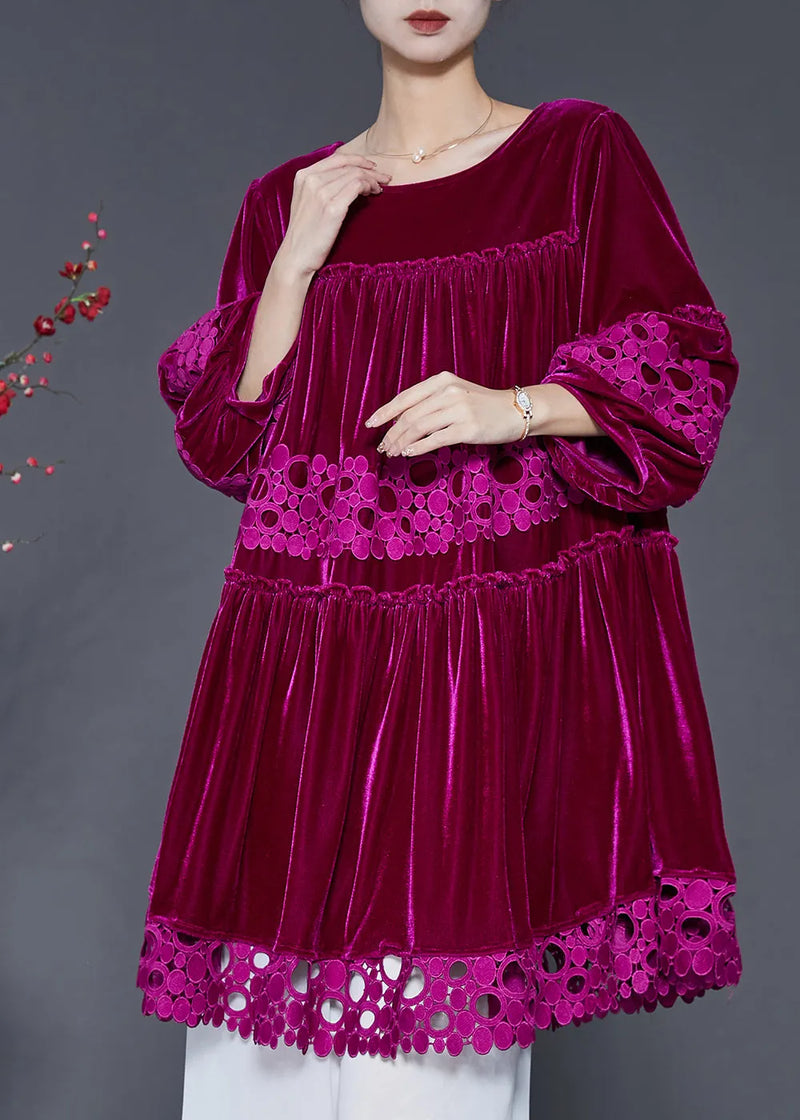 Rose Patchwork Lace Silk Velour Dress Oversized Lantern Sleeve