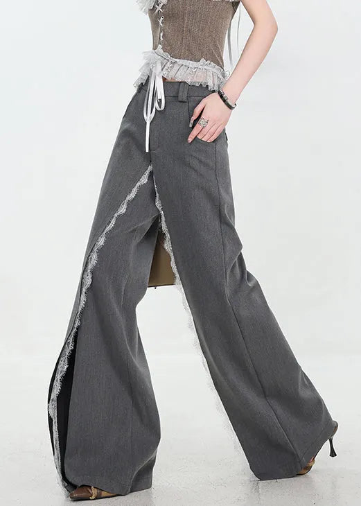 Original Design Grey Pockets Lace Patchwork Spandex Pants Fall