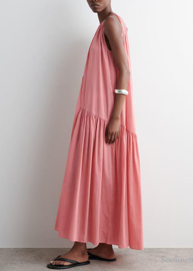 Pink Cold Shoulder Wrinkled Cotton Sundresses Summer