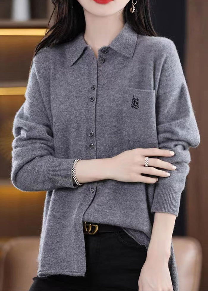 Rose Peter Pan Collar Button Patchwork Woolen Knitted Tops Fall