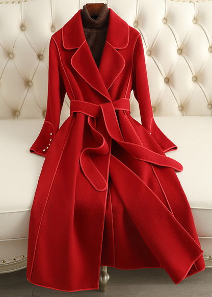 Red Notched Tie Waist Woolen Long Coats Fall