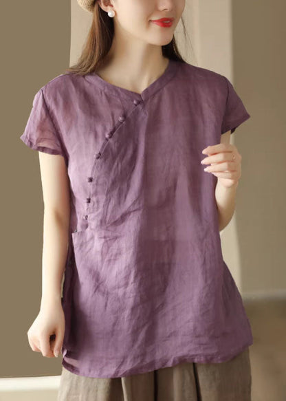 Purple Stand Collar Button Linen Shirts Summer