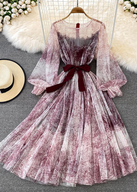 Diy Mulberry O-neck Print Tulle Long Dress Long Sleeve