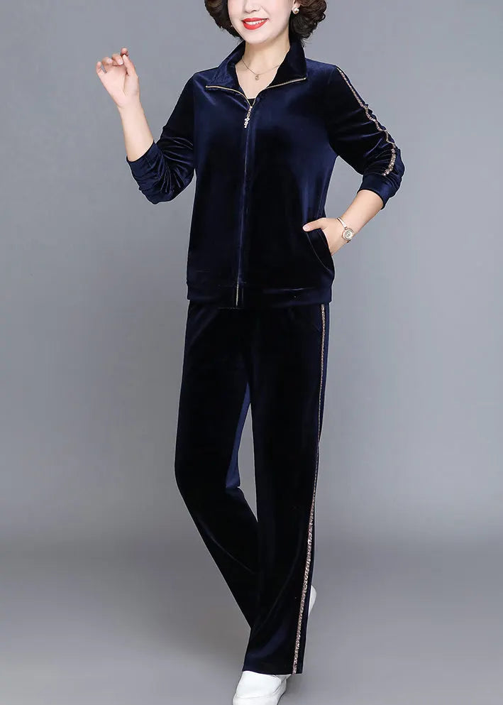 Handmade Wine Red Stand Collar Zippered Silk Velour Coats and Straight Pants Two Piece Set Fall