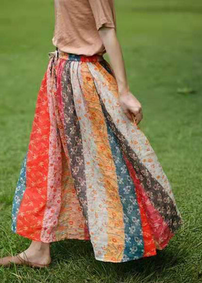 Colorblock Elastic Waist Drawstring Pocket Linen Skirts Spring