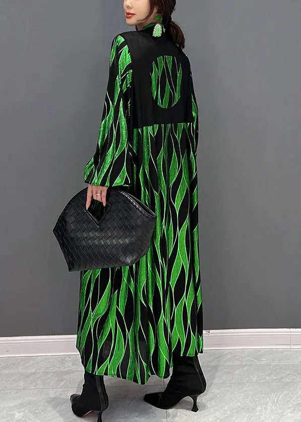 Green V Neck Patchwork Tassel Button Velour Maxi Dresses Fall