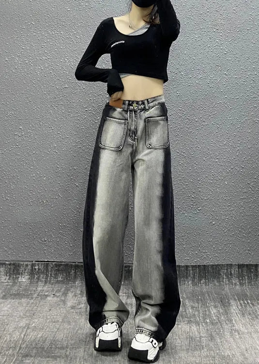Colorblock Pockets High Waist Denim Wide Leg Pants Fall