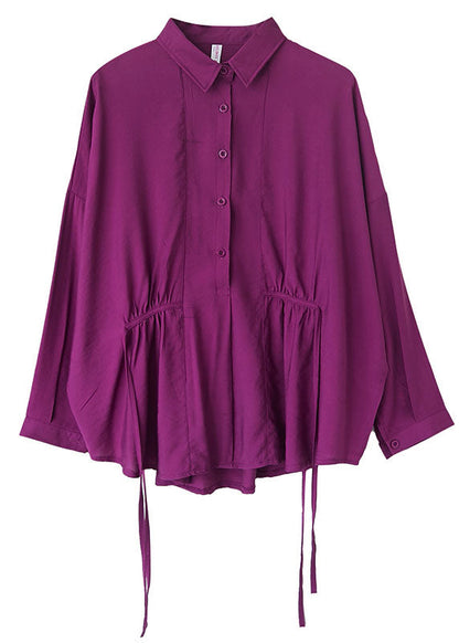 Purple Loose Button Tie Waist Fall Shirt Long Sleeve