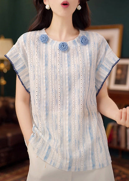 Organic Blue Decorated Hollow Out Cotton Tanks Summer