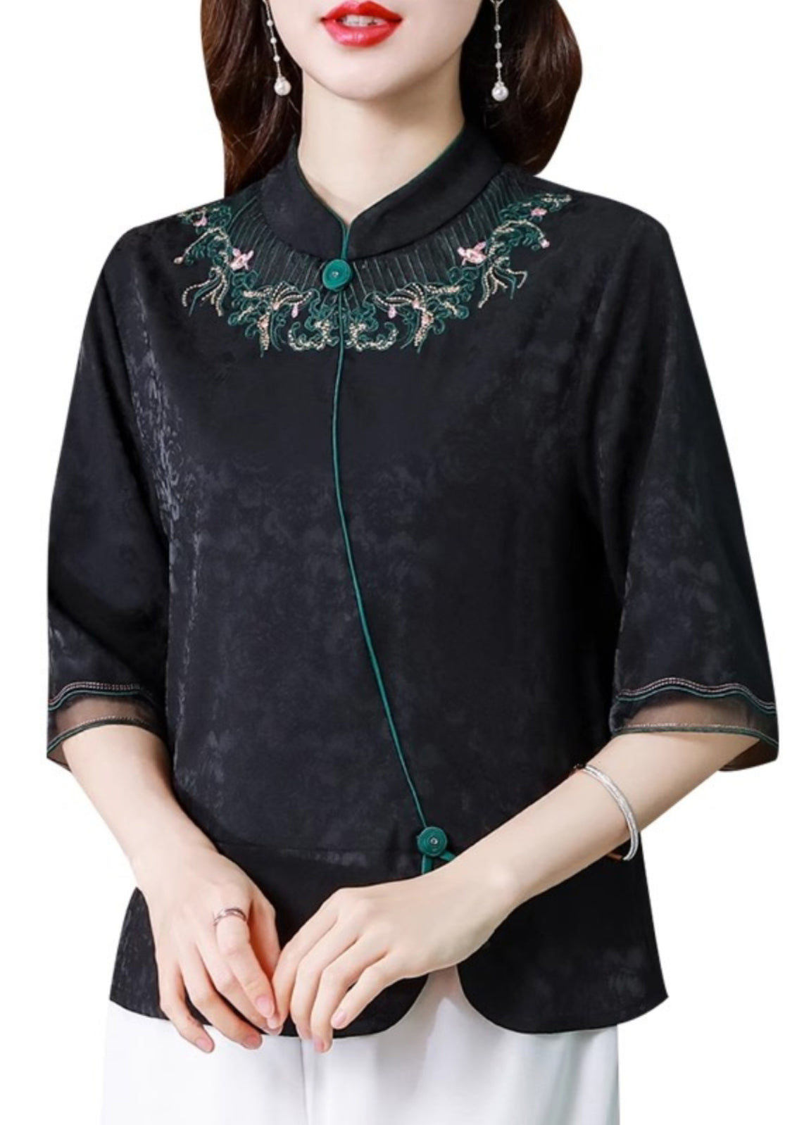 Black Stand Collar Embroidered Silk Blouse Top Summer