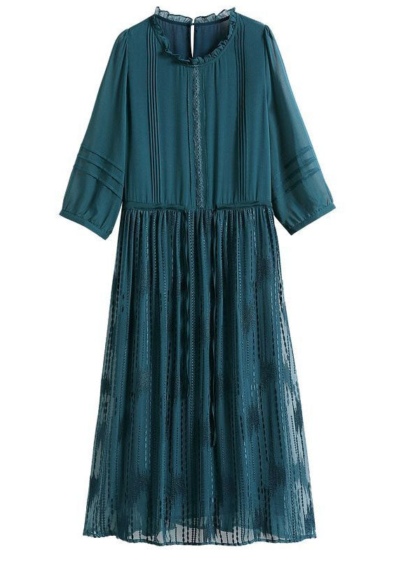 Fitted Green O-neck Ruffled Tie Waist Silk Maxi Dresses Half Sleeve