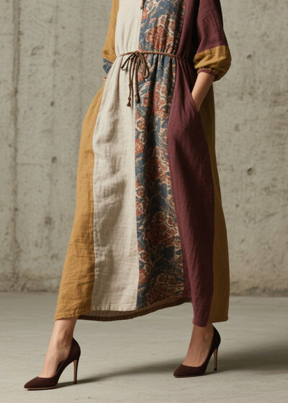 Colorblock V Neck Print Lace Up Cotton Dresses Fall