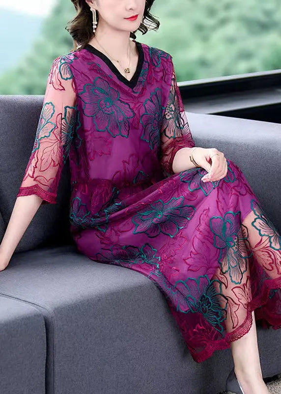 Stylish Purple Embroidered Tulle Maxi Dress Summer