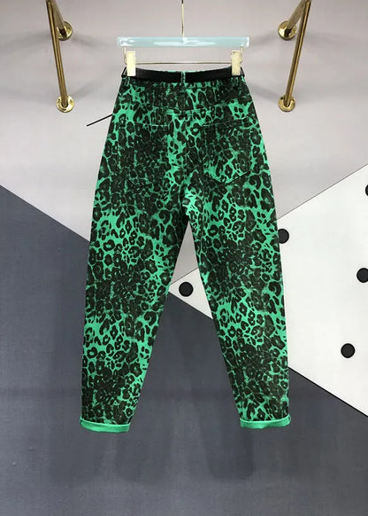 Green Leopard Pockets Patchwork Denim Pants Fall