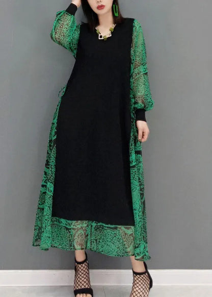 Diy Green O-neck Tie Waist Lace Patchwork Knit Dress Spring