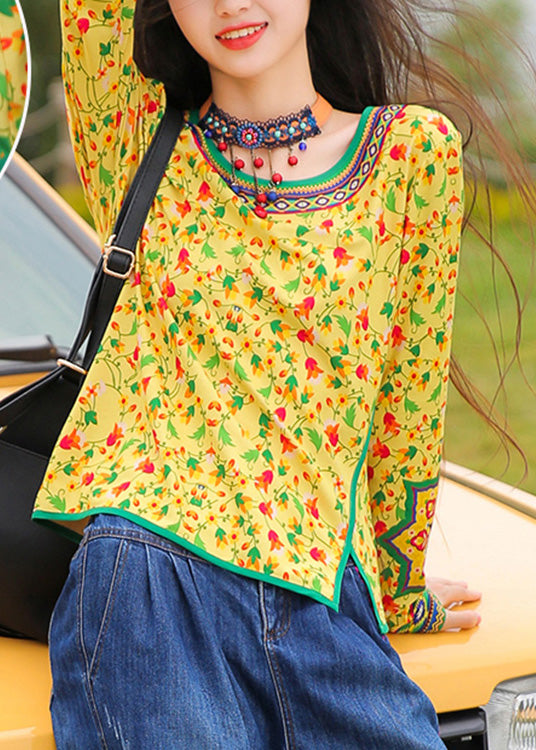 Loose Yellow O-neck Print Top Long Sleeve
