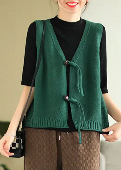 Modern Green V Neck Knit Vest Tops Sleeveless